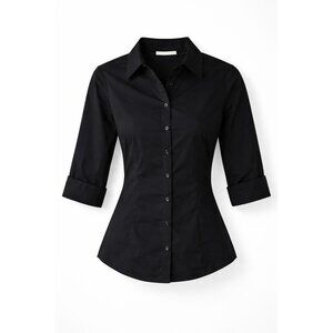 Active USA Black Button Front Blouse Womens Small 3/4 Sleeve Fitted Office Shirt